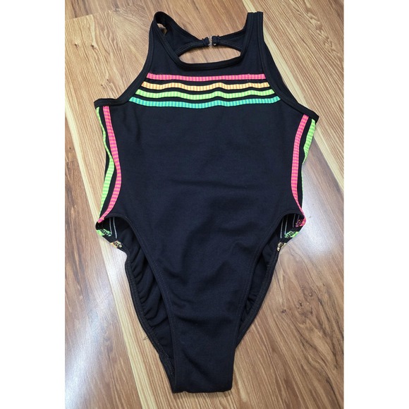Vintage Backflips Neon Stripe Swimsuit Womens Medium High Neck One Piece 80s - Picture 1 of 8